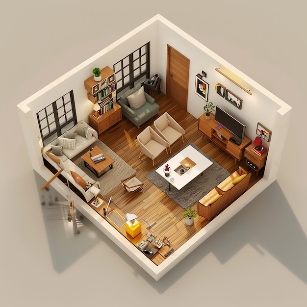 3d room render isometric view wood floor
