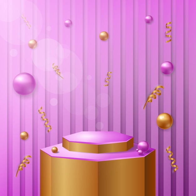 3d комната с реалистичным фиолетовым и золотым цилиндрическим фоном подиума