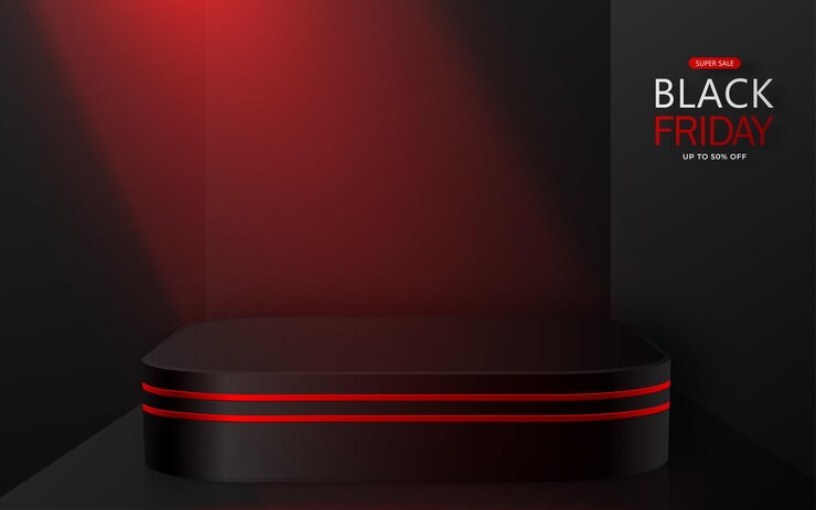 Vector 3d round podium stage for black friday sale poster with black paper cut and craft style on color background for banner, poster or web site