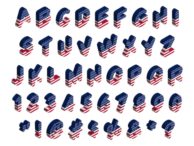 3d rounded isometric usa flag font, letters, numbers, symbols and signs, stock  illustration clip art