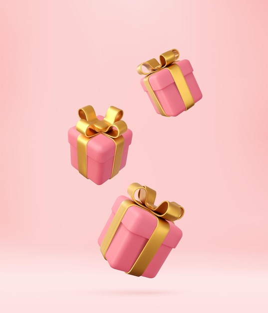 3d roze cadeau dozen met gouden lint en boog verjaardag viering concept Vrolijk Nieuwjaar en Vrolijk Kerstmis roze cadeau dozen met gouden boogen 3d rendering Vector illustratie