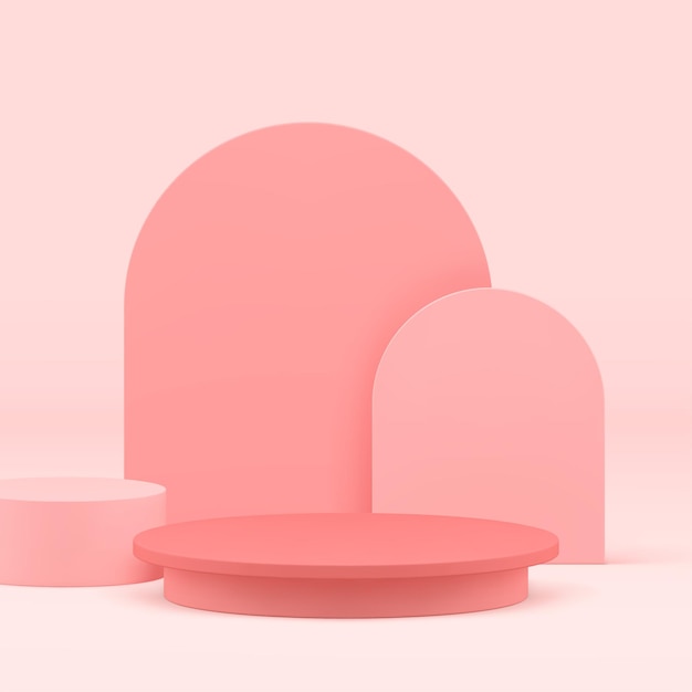 3d roze elegante podium voetstuk met halve cirkel muur achtergrond realistische vector illustratie