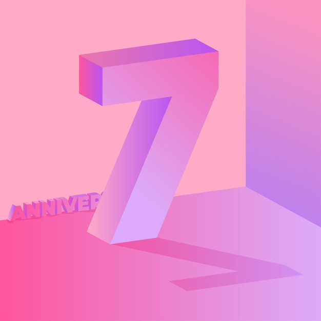 3D Roze en Paars Zeven jaar Jubileum met schaduw social media post illustratie