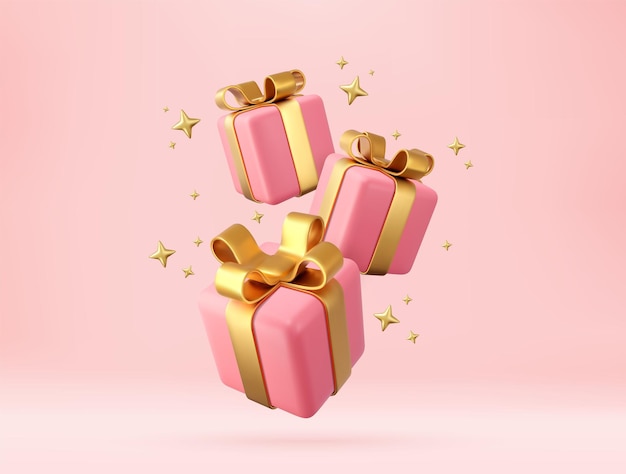 3D-roze geschenkdozen met gouden lint en boog Verjaardag viering concept Vrolijk Nieuwjaar en Merry Christmas roze geschenkdozen met gouden strikken 3D-rendering vectorillustratie