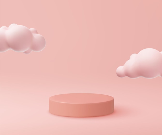 3d roze podium en minimale witte wolkenscène, Sky and heaven-concept voor productpromotie met kopieerruimte. Buis voetstuk minimalistische trendy sjabloon. 3D render mockup vectorillustratie.