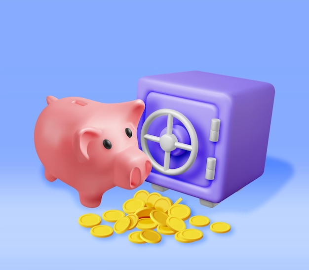 Vector 3d safe box full of money and piggy bank