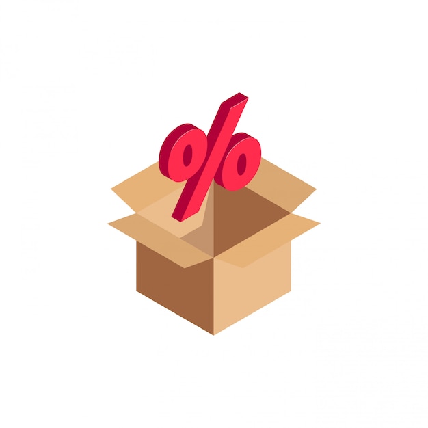 Vector 3d sale icon in open cardboard box isolated