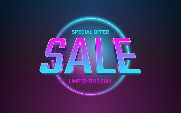3d sale label text in glowing circle neon light color effect