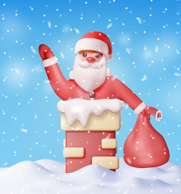 3D Santa Claus with Bag with Gifts in House Chimney Render Happy New Year Decoration Card Merry Christmas Eve Holiday New Year and Xmas Celebration Realistic Vector Illustration