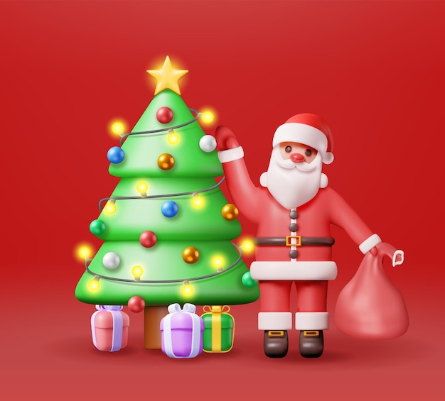 3D Santa Claus with Gift Bag and Christmas Tree Render Happy New Year Decoration Merry Christmas Holiday New Year and Xmas Celebration Realistic Vector Illustration