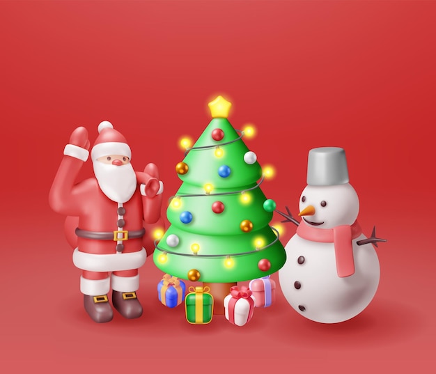 3D Santa Claus with Gift Bag Snowman and Christmas Tree Render Happy New Year Decoration Merry Christmas Holiday New Year and Xmas Celebration Realistic Vector Illustration