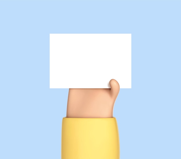 3D sartoon рука держит чистую бумажную этикетку или бирку на синем фоне Человеческая рука держит белую бумагу Векторная 3d иллюстрация