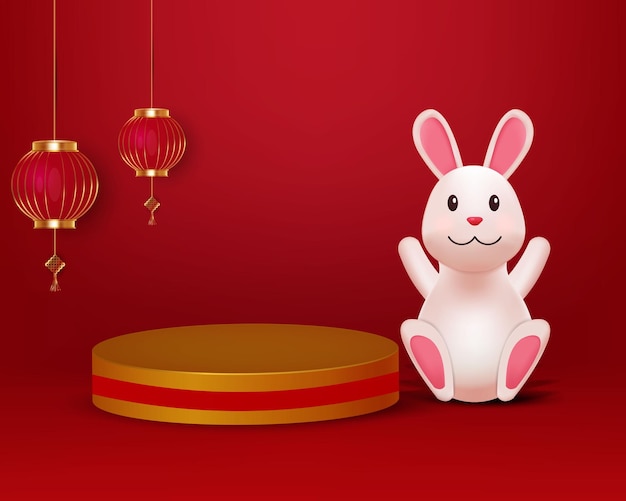 3d scene chinese new year with rabbit lanterns and podium