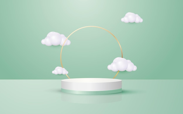 Vector 3d scene pastel green background round podium with gold circle and clouds perfect for event promotion cosmetic product presentation mockup