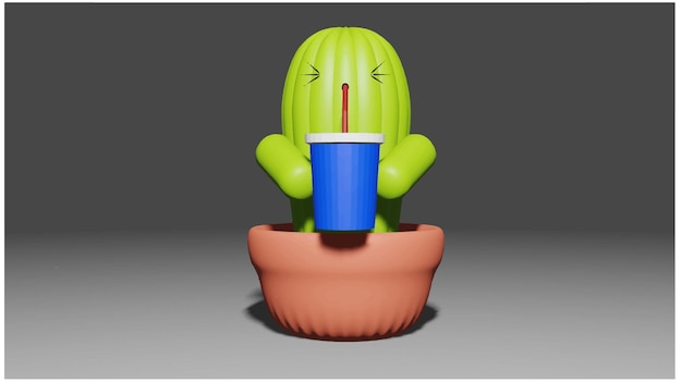 3D-schattige cartooncactus in een pot die water uit een glas zuigt