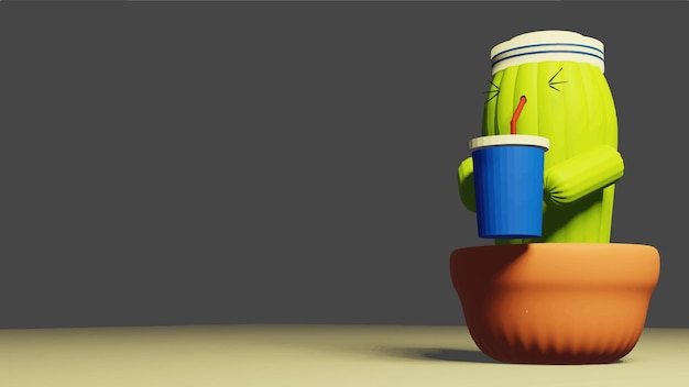 3D-schattige cartooncactus in een pot met een matrozenhoed die water uit een glas zuigt