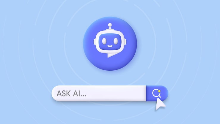 Vector 3d search engine bar and robot chatbot and ai assistant concept of artificial intelligence input prompt as commands for search and analysis by ai trendy and modern vector in 3d style
