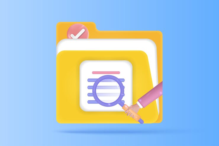 Vector 資料庫管理的3d搜索概念 搜尋放大檔案管理器 資料庫安全檢查標記 3d向量染與藍色背景