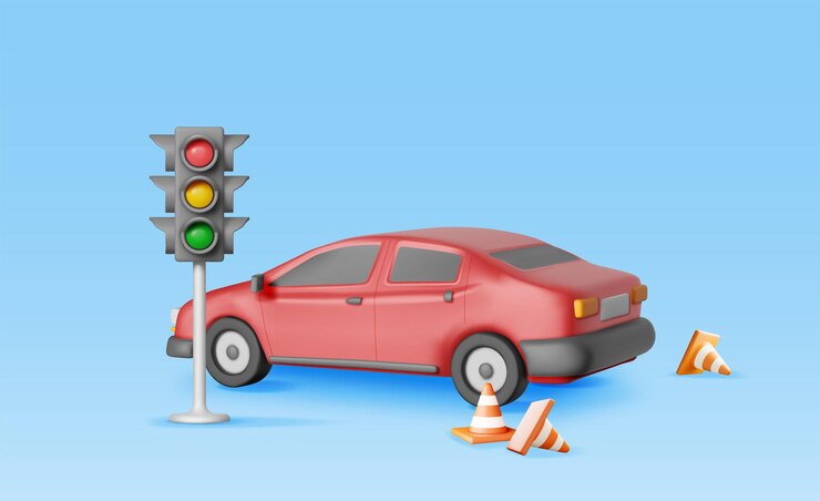 Vector 3d sedan car with traffic cones and traffic lights