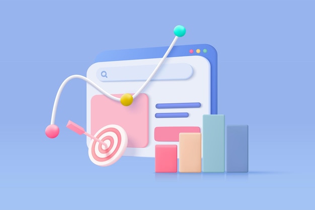 3D SEO optimalisatie met browser voor marketing social media concept Interface voor web analytics strategie en onderzoek schaven op achtergrond 3D-grafiek SEO strategie vector pictogram render illustratie