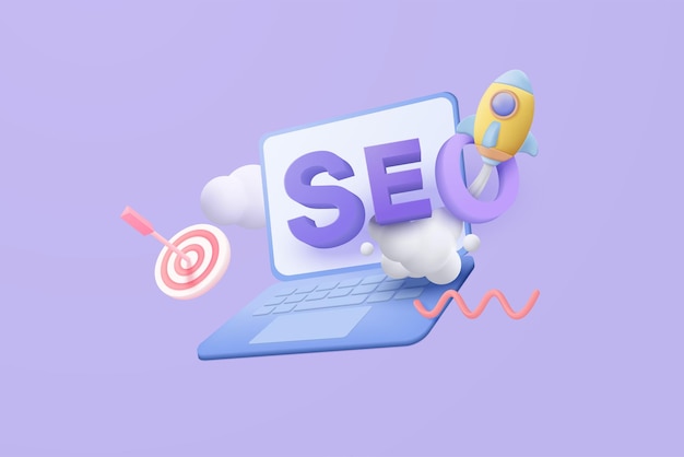 Vettore ottimizzazione seo 3d con razzo per il marketing del concetto di social media interfaccia per la strategia di analisi web e la pianificazione della ricerca nel laptop 3d strategia seo vettore icona rendering illustrazione