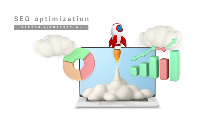 マーケティングソーシャルメディアコンセプトSEO戦略ベクトルイラストのためのロケットを使用した3D SEO最適化