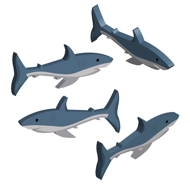 Vector 3d set of blue sharks isolated on white background