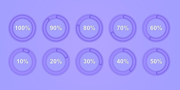 3d set of circle percentage diagrams meters from 102030405060708090100 premium vector