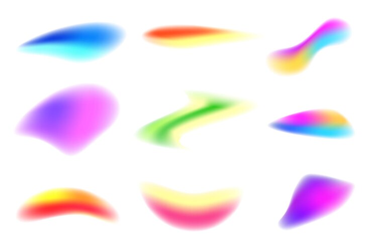 Vector 3d set holographic abstract shapes with glow and blur gradient spot paint or brush strokes