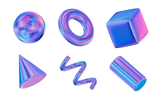 Vector 3d set holographic geometric shape square cylinder sphere torus cone spiral vector