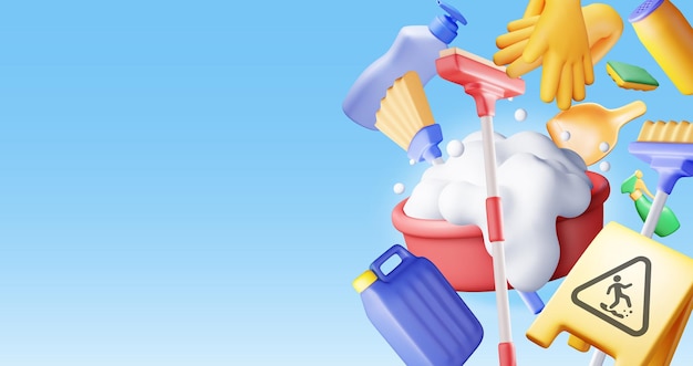 3D set of home cleaning tools isolated