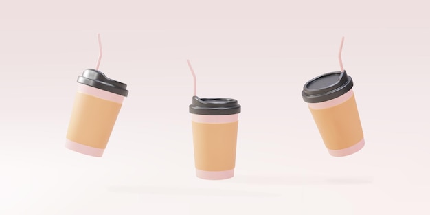 3D набор бумажных кофейных чашек с соломинкой на розовом фоне