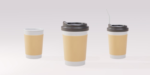 3D set of paper coffee cups with and without a straw