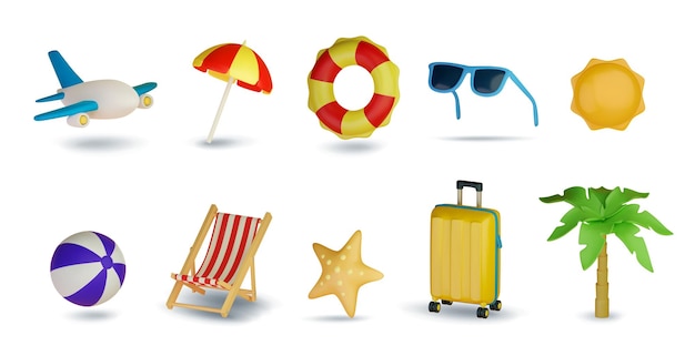 Vector 3d set of travel icons on white background vacation airplane palm tree sunglasses lounger swimming lap sun suitcase ball and umbrella vector illustration