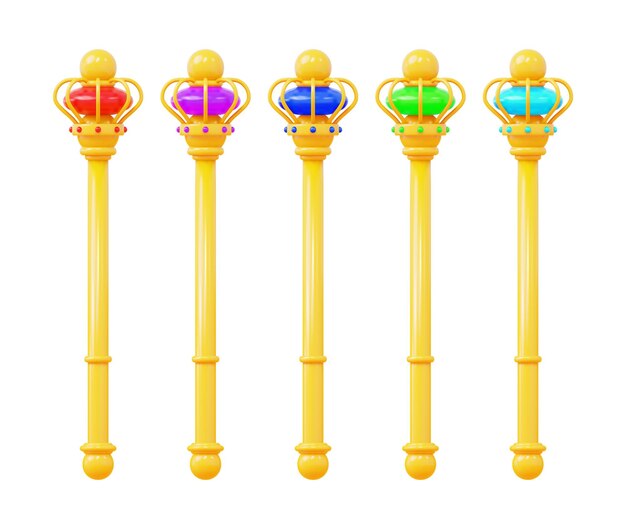 3d set van gele koninklijke koninklijk scepter Cartoon stijl Vector illustratie op geïsoleerde achtergrond