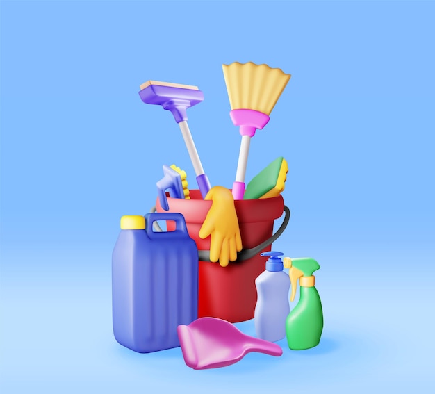 3D-set van huishoudelijk schoonmaakgereedschap geïsoleerd