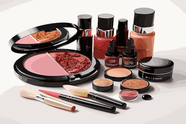 Vector 3d-set van make-up producten ontwerp geïsoleerd op witte achtergrond pastel en roze tonen oogschaduw