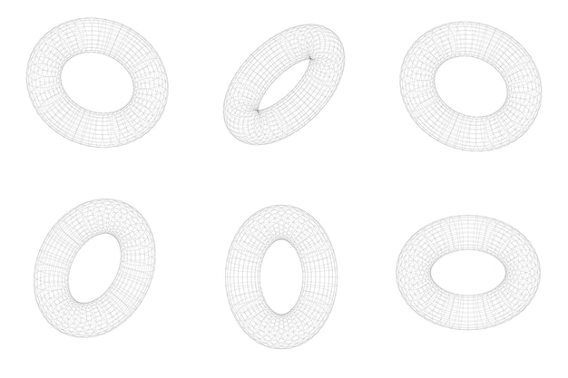 Vettore insieme 3d di forme geometriche 3d di toroide a telaio con angoli diversi vista illustrazione vettoriale di stock