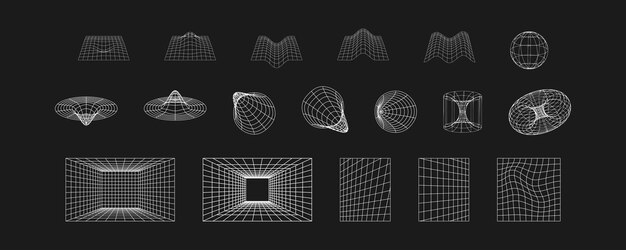 벡터 3d 모양 사이버 기하학적 mesh 세트 검은색과 색 레트로 미래의 배경 추상 터 일러스트레이션