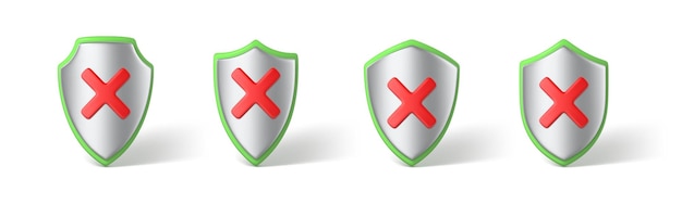 Icone di scudi 3d isolate su sfondo bianco scudi con croce rossa no o simbolo di declino protezione di sicurezza e concetto di sicurezza vector 3d illustration