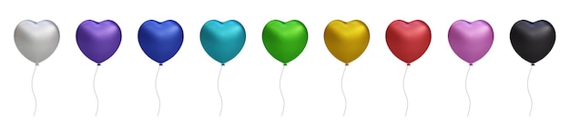 3d shiny colorful heart glossy helium air balloon set isolated on transparent background