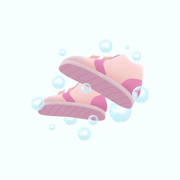 Vettore lavaggio scarpe 3d con illustrazione di bolle