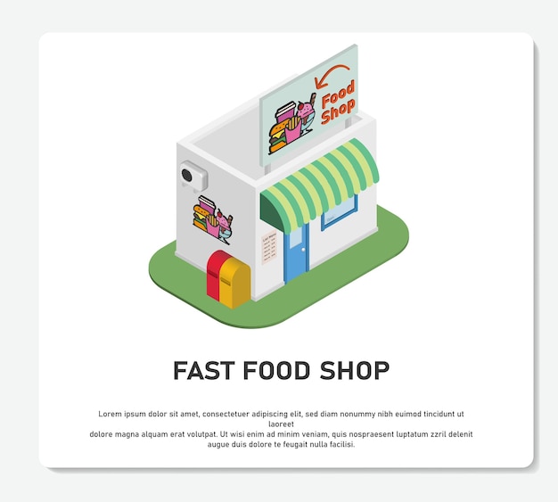 Vector 3d shop building with logo electro noodle fast food simple