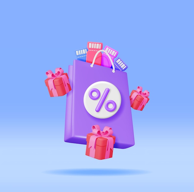 Shopping bag 3d con percentuale e buono sconto