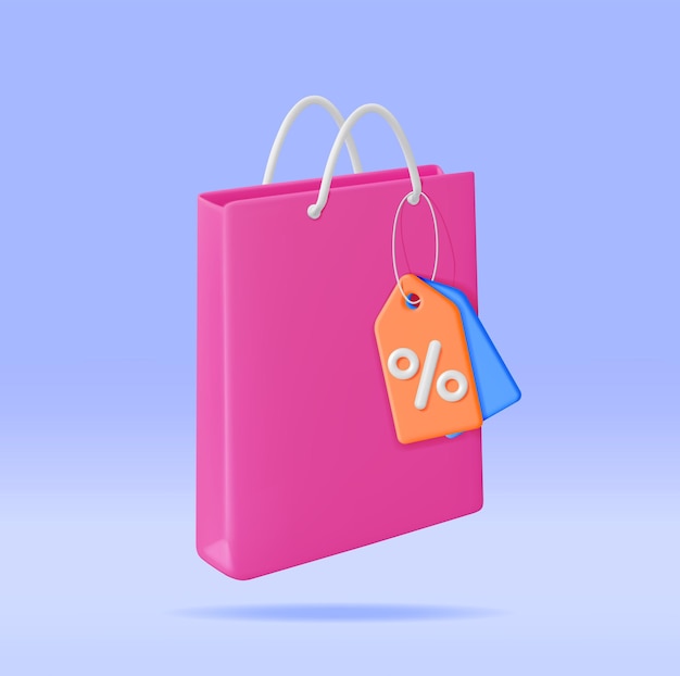 Shopping bag 3d con cartellino del prezzo e segno di percentuale
