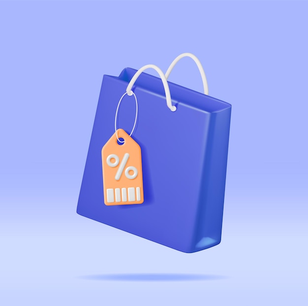 3d shopping bag with price tag and percent sign