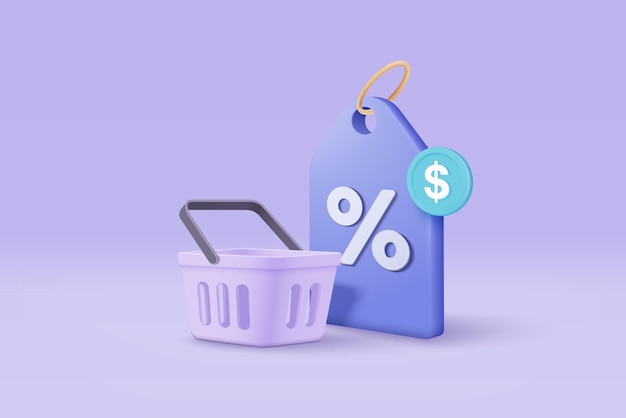 Vector 3d shopping bag with price tags for online shopping and digital marketing concept basket and promotion tag on purple background shopping bag for buy sale discount 3d vector icon illustration