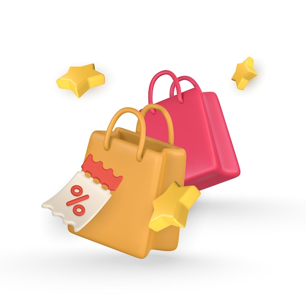 Vector 3d shopping bags banner in cartoon style discount promotion sale shopping concept vector