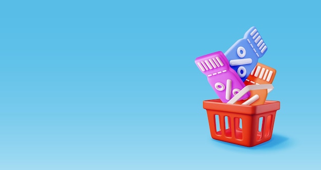 Vector 3d shopping cart and coupon with percentage symbol