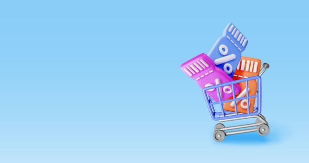 Vector 3d shopping cart and coupon with percentage symbol